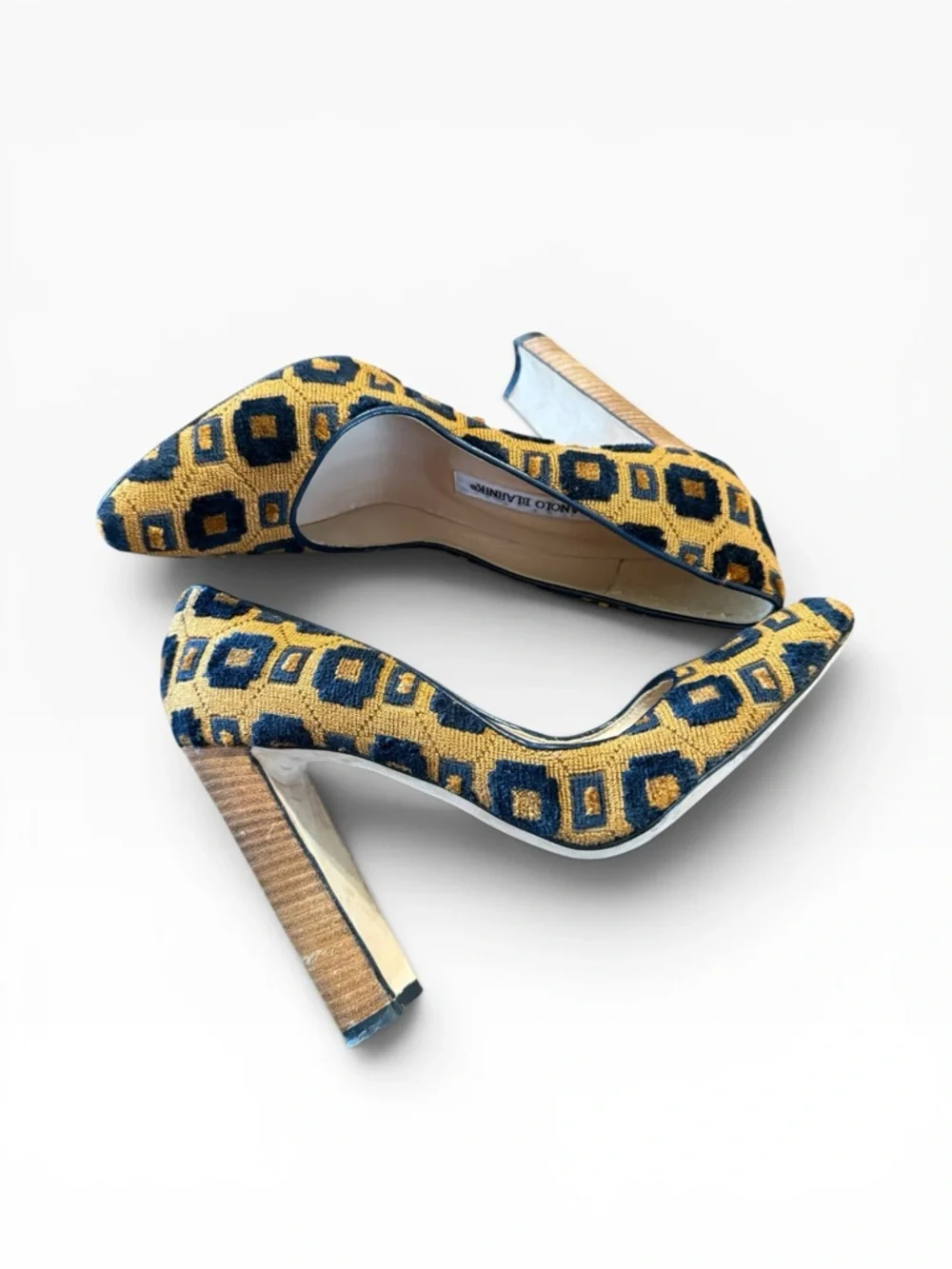 Manolo Blahnik Woven Geometric Block Heel Pumps Mustard & Black EU 38.5 US 8.5